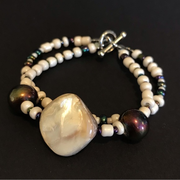 New Handmade Adult / Child Matching Bracelets, Beaded. Cream/Metallic Charcoal - Picture 9 of 10